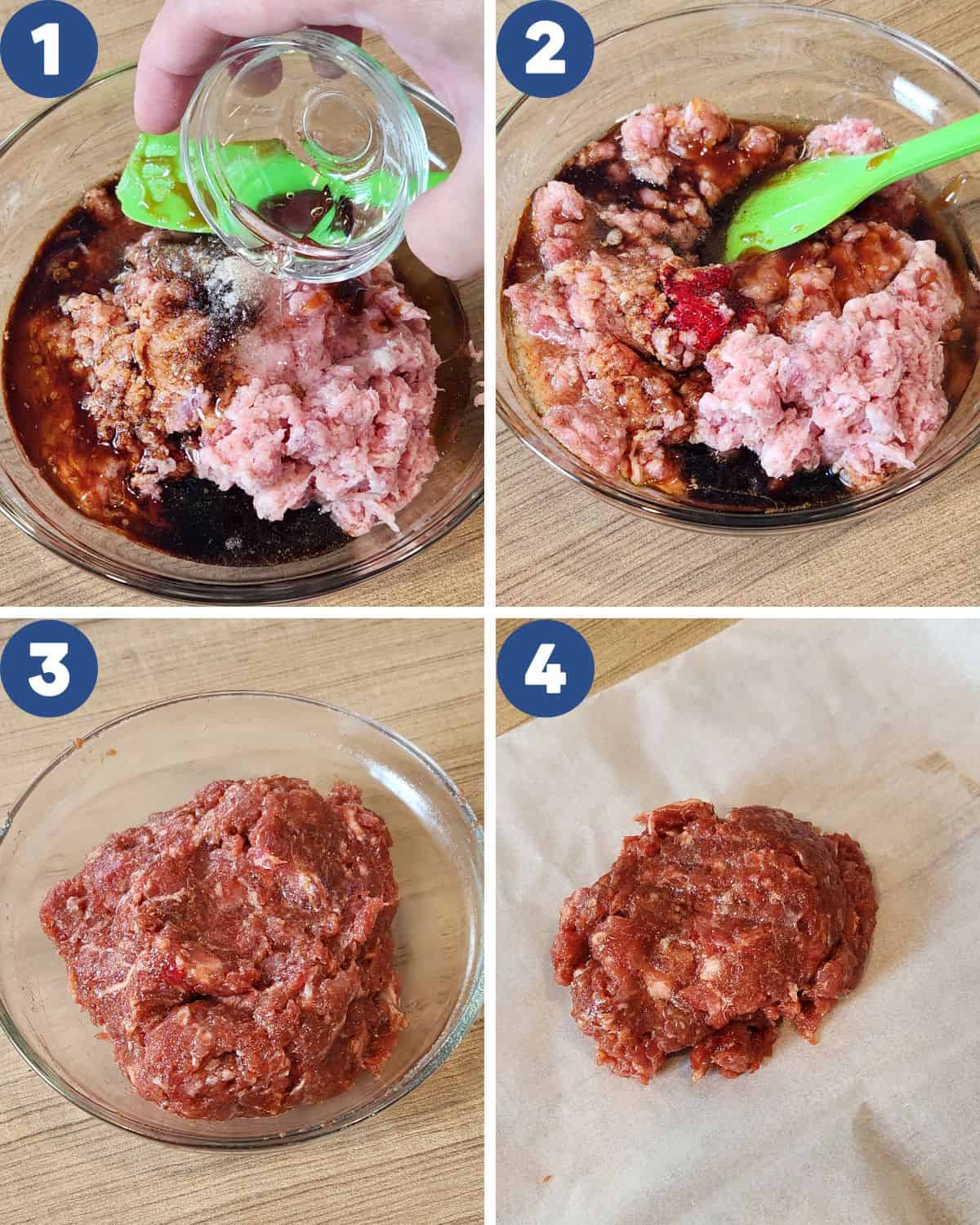 Step by step process photos of marinating the ground pork.