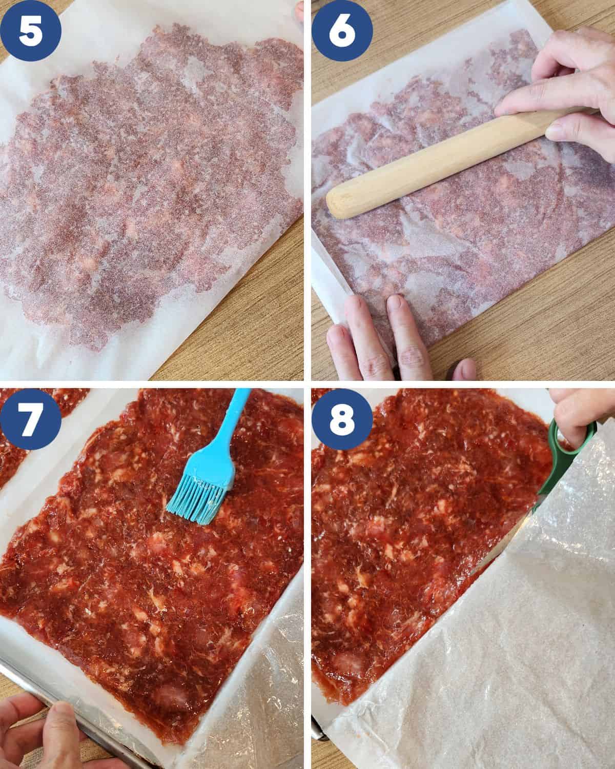 Step by step process photos of shaping the pork jerky with parchment paper and brushing with honey.