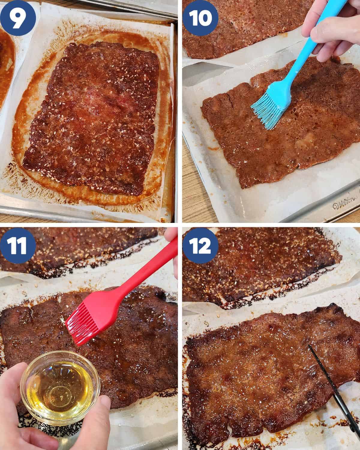 Step by step process photos of brushing the honey on the other side of the pork jerky.