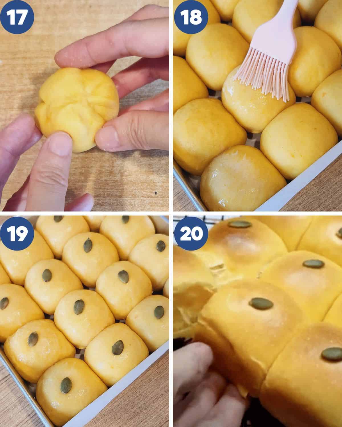 Step by step process photos of shaping and baking the pumpkin bread.