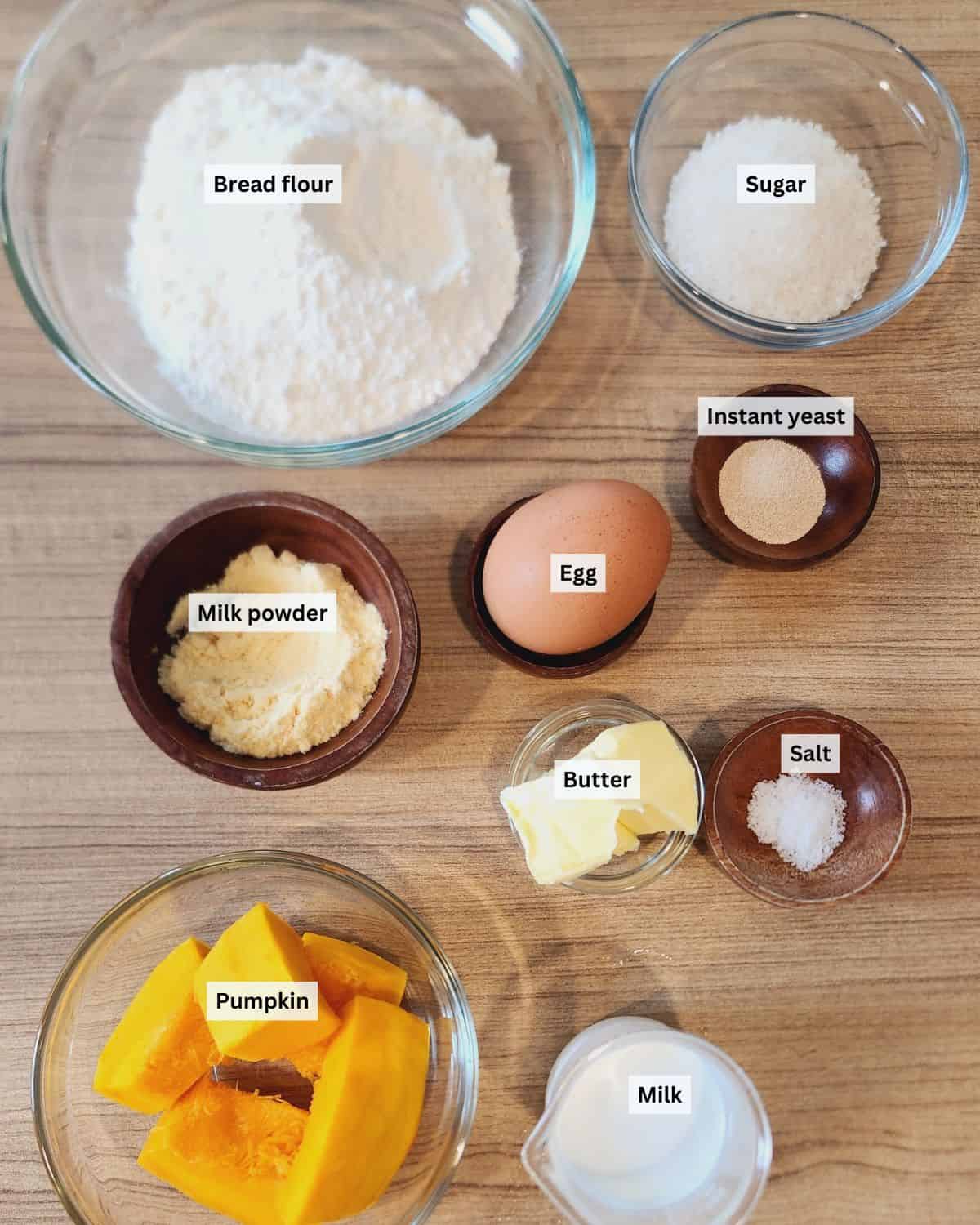 Pumpkin bread ingredients with labels.