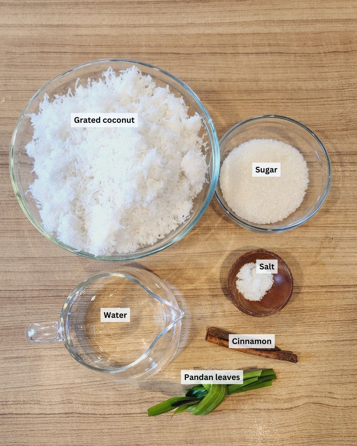 Coconut filling ingredients with labels.