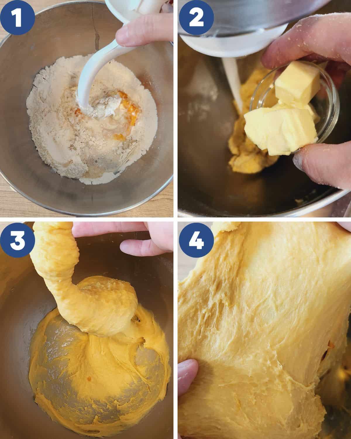 Step by step process photos of making the pumpkin bread dough.