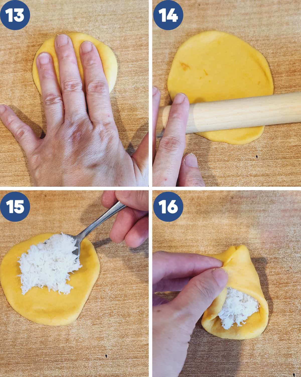 Step by step process photos of shaping the pumpkin bread and filling it with coconut.