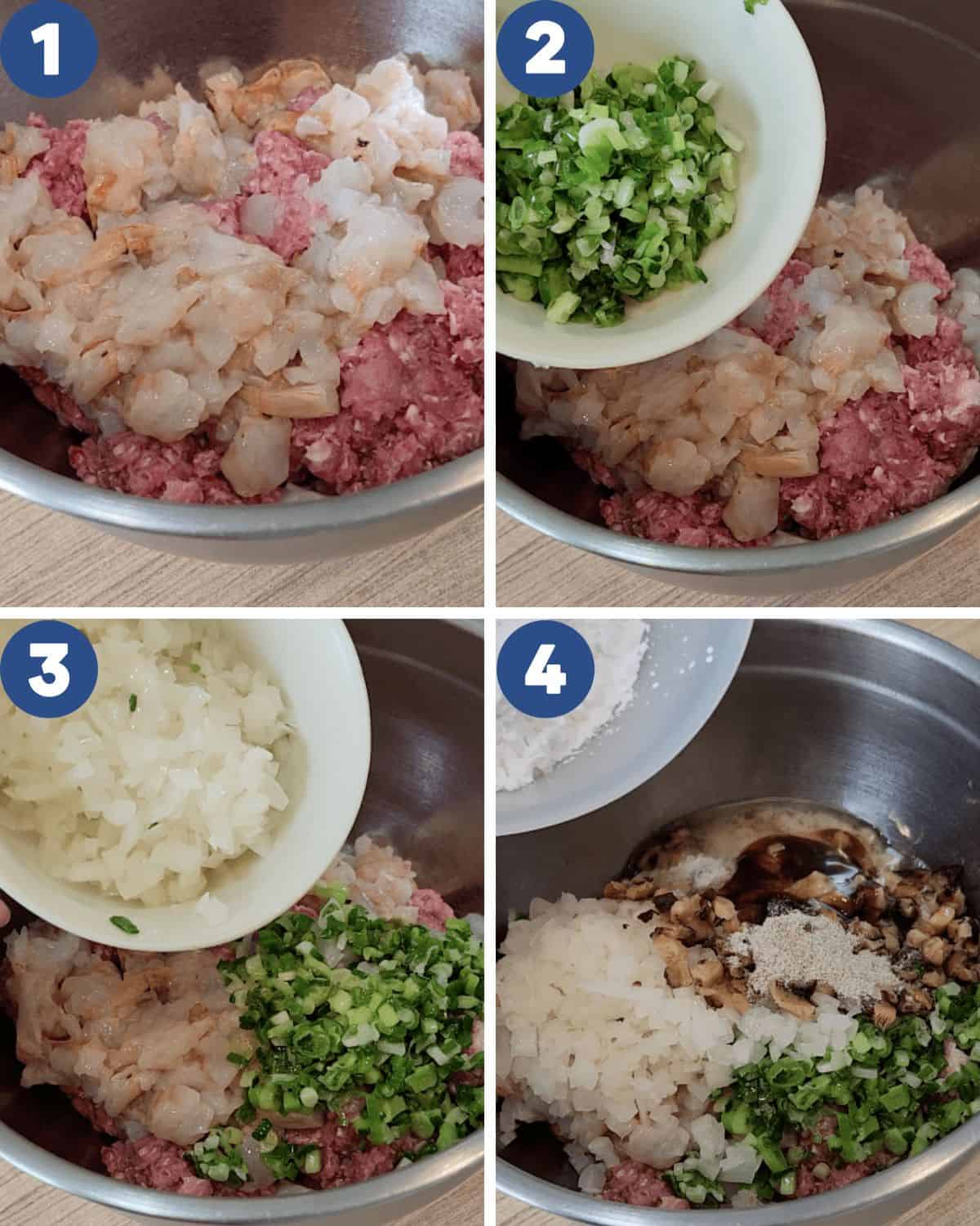 Step by step process photos of mixing the pork and shrimp for fillings.