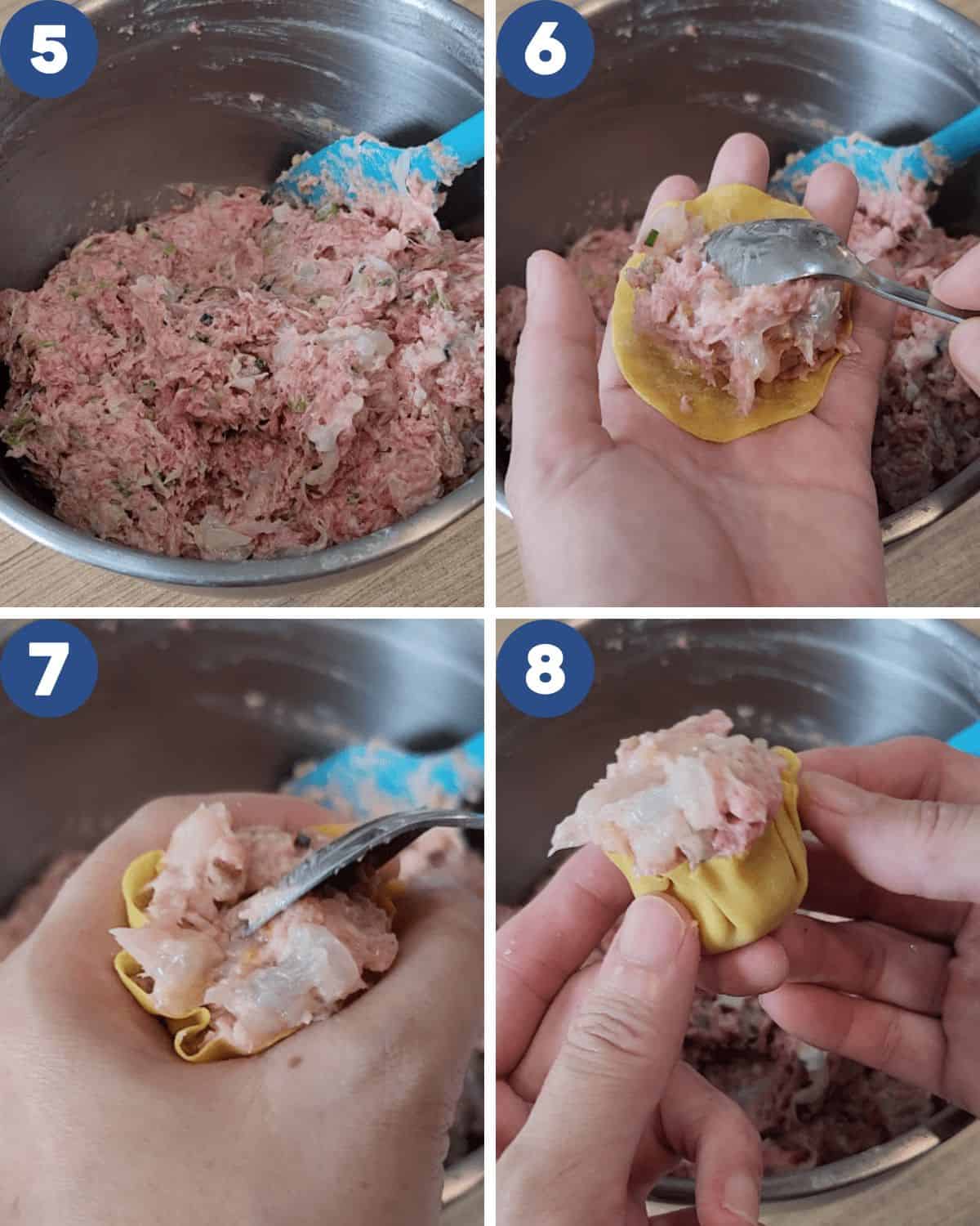 Step by step process photos of filling the wonton wrapper with filling.