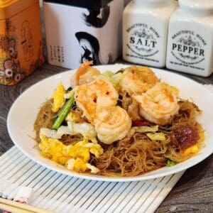 A plate of shrimp chow mei fun or fried vermicelli or bihun goreng.