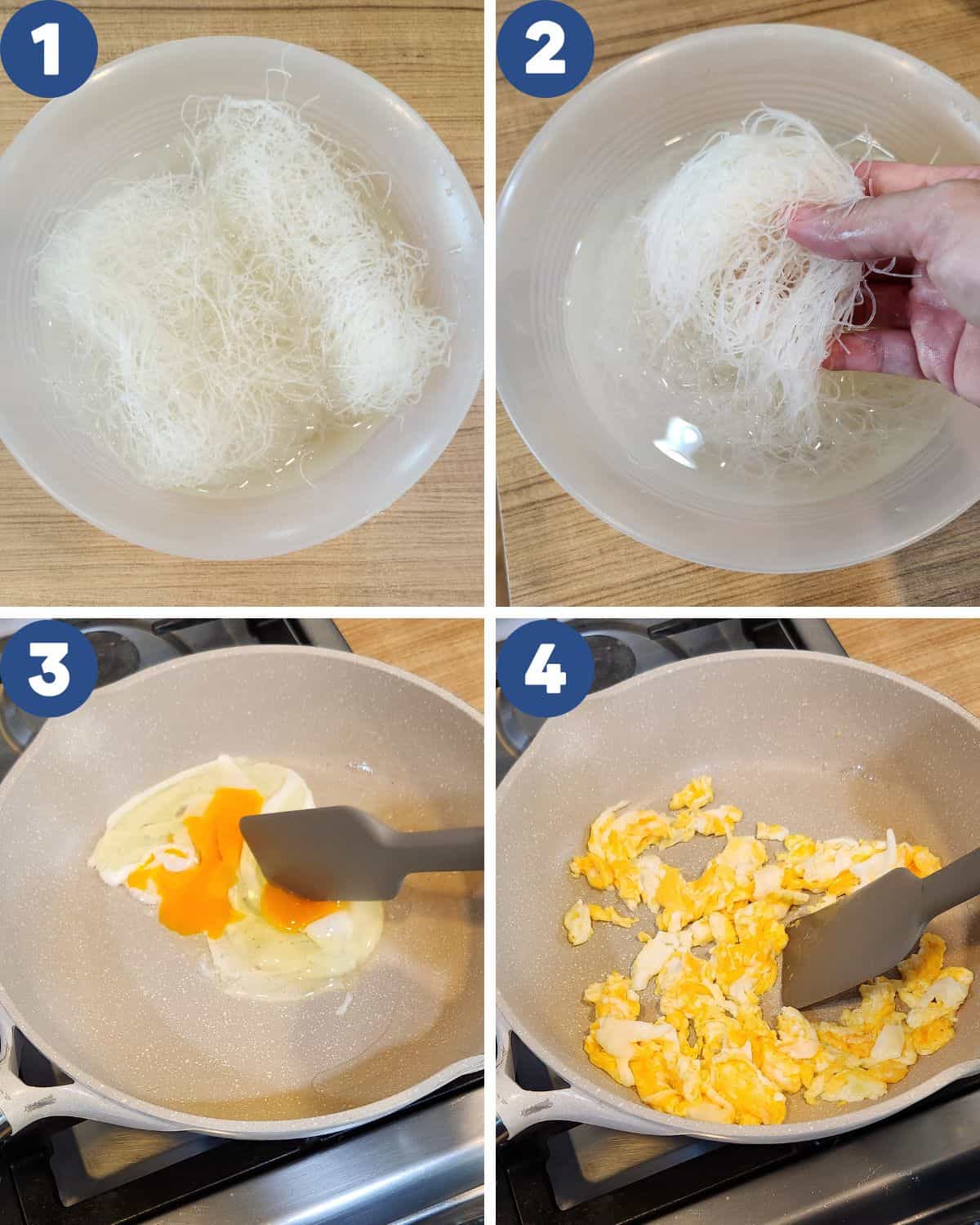 Step by step process photos of softening the vermicelli and making scrambled eggs.