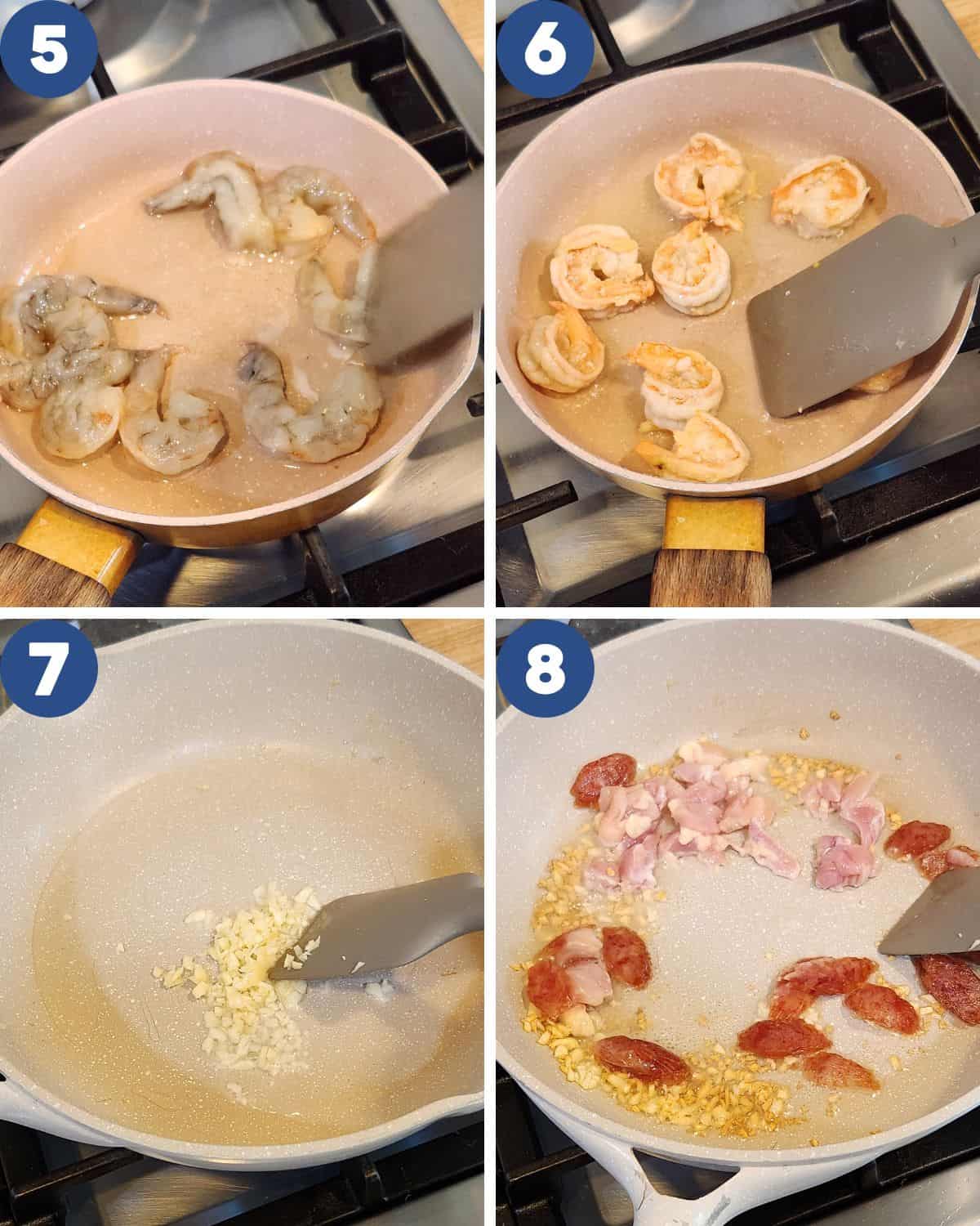 Step by step process photos of stir-frying the ingredients in shrimp chow mei fun.