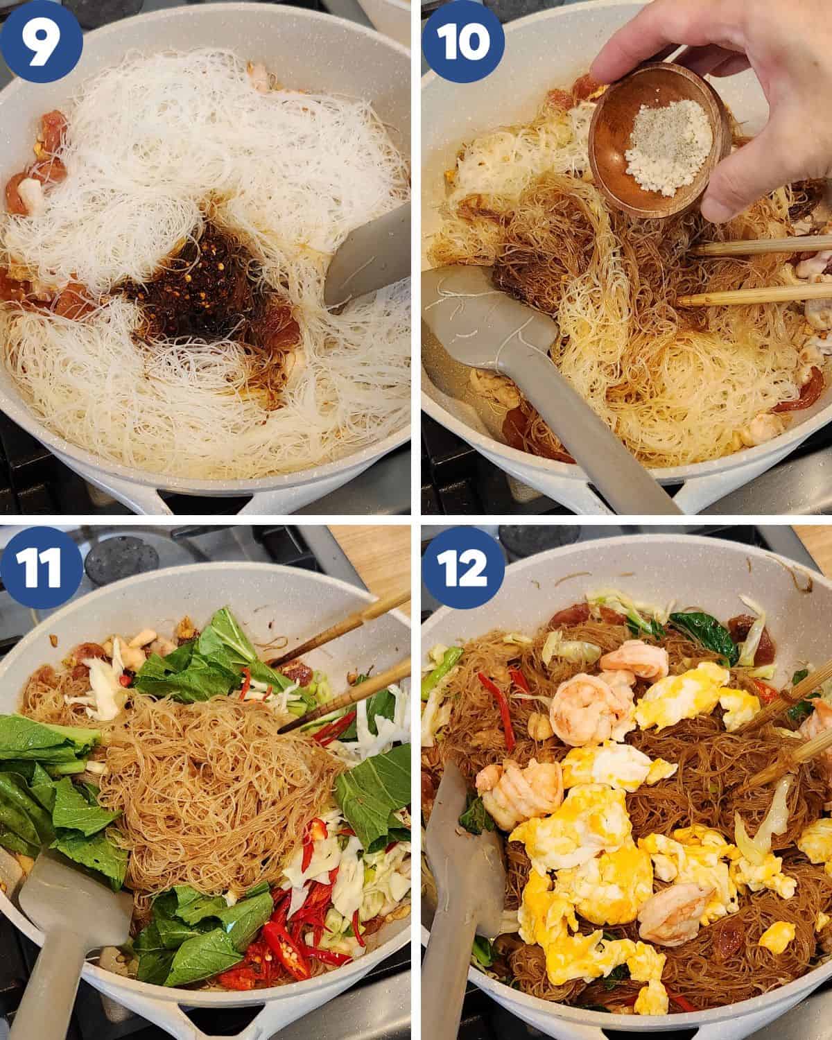Step by step process photos of stir-frying the vermicelli, vegetables and shrimps.