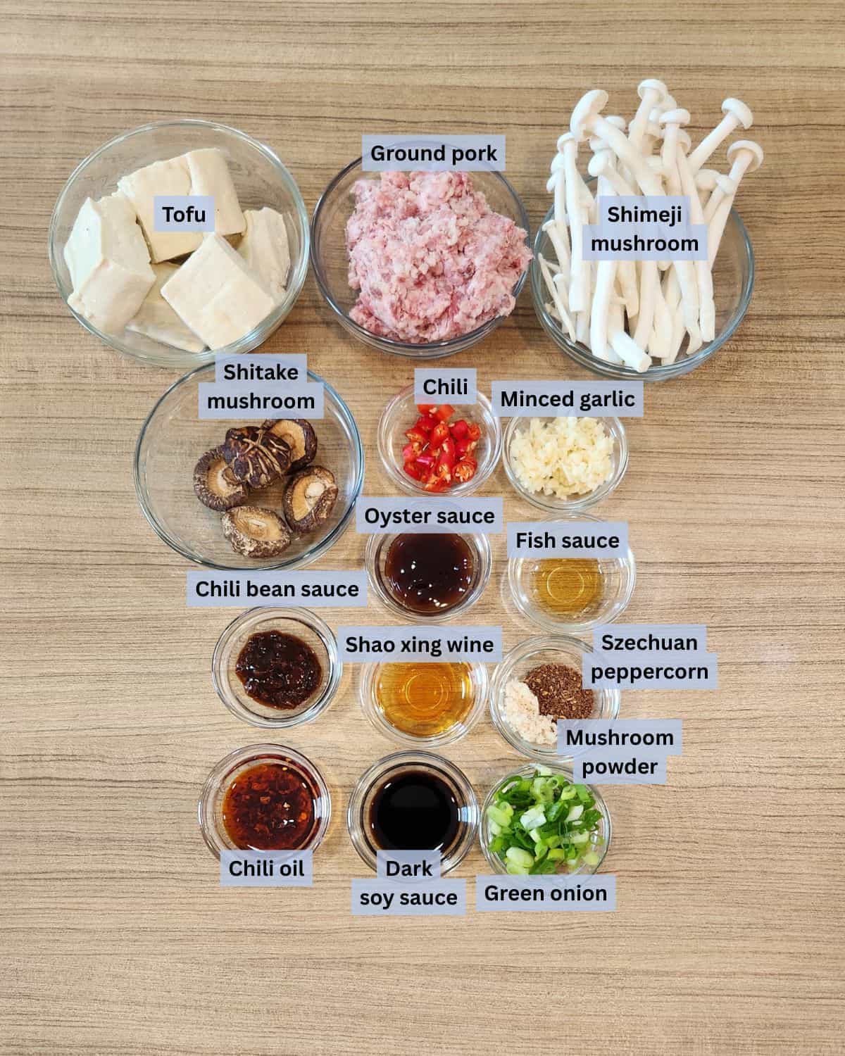 Szechuan pork with tofu ingredients and labels.