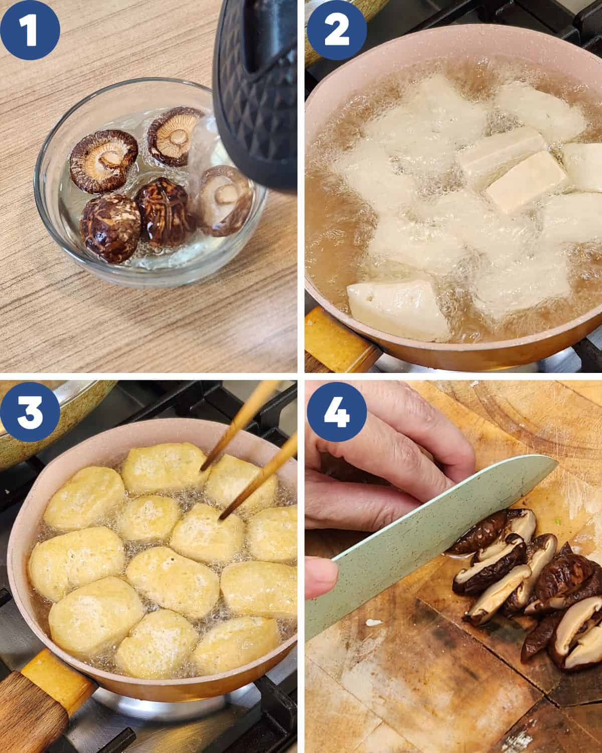 Step by step process photos of preparing the shitake mushrooms and frying the tofu.