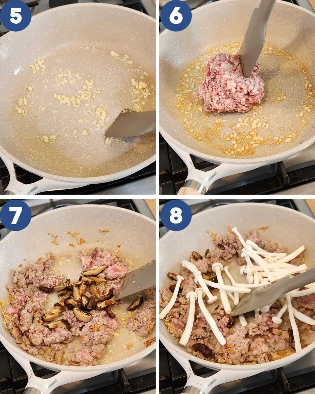 Step by step process photos of stir-frying the ground pork and mushrooms.