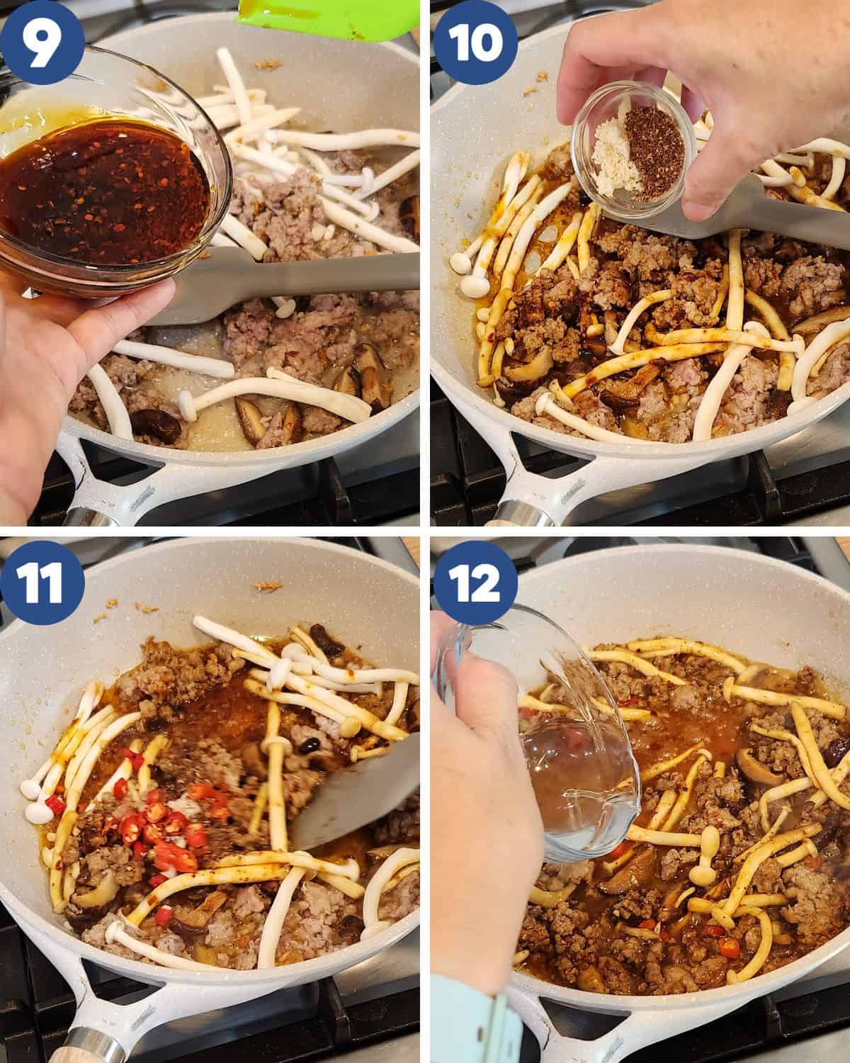 Step by step process photos of adding seasonings, chilis, and water to the wok.