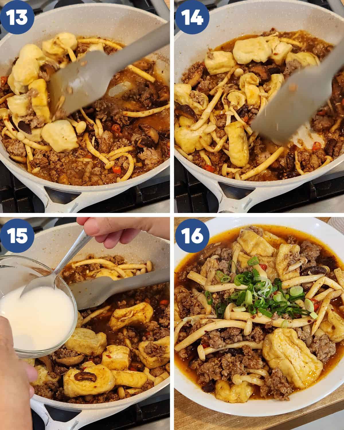 Step by step process photos of stir-frying and adding cornstarch slurry to the wok.