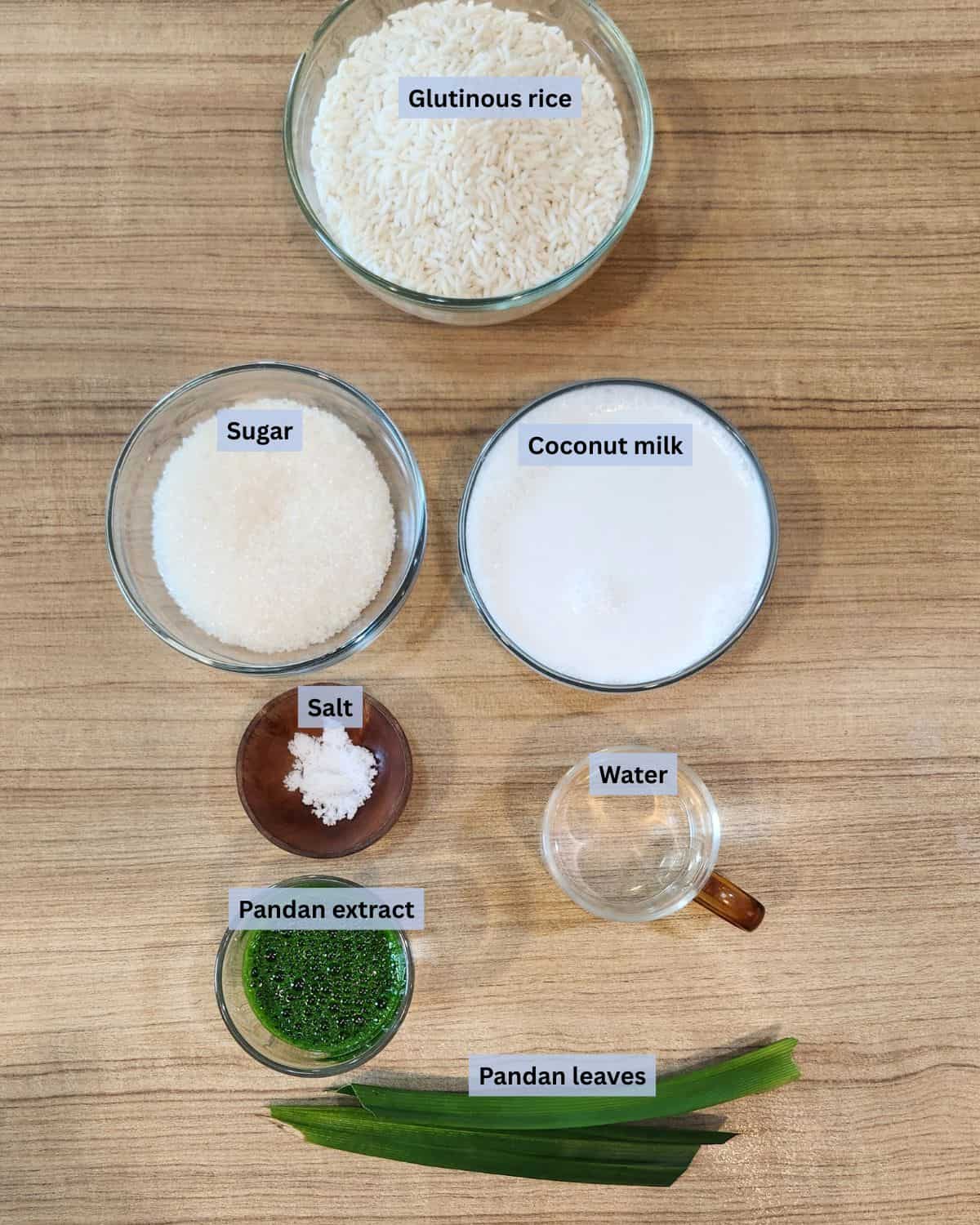 Pandan wajik ingredients with labels.