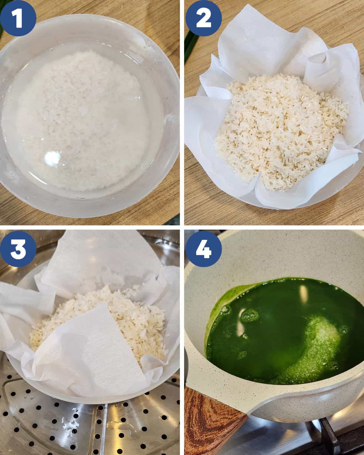 Step by step process photos of preparing the glutinous rice for pandan wajik.