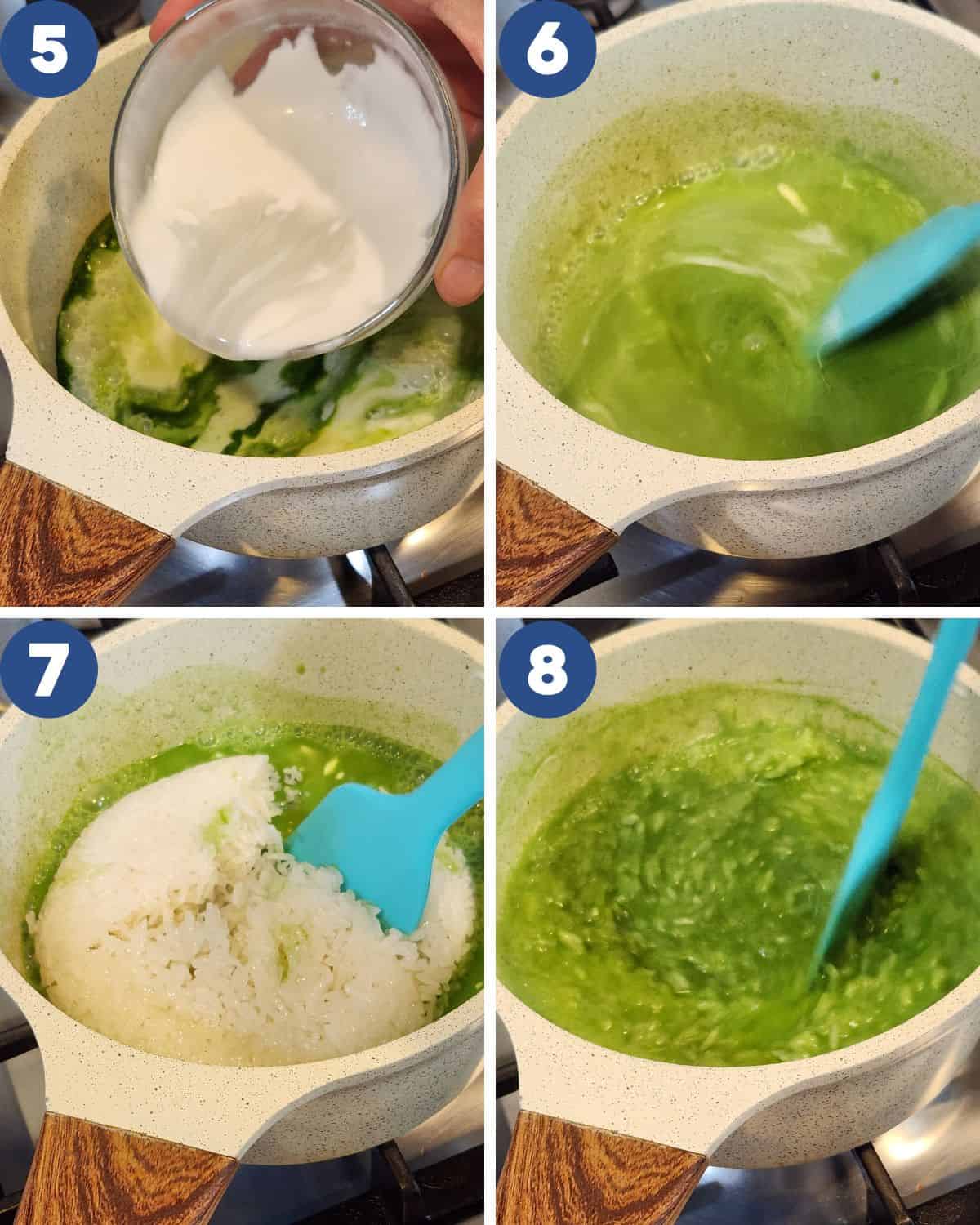 Step by step process photos of cooking the sugar and glutinous rice together.
