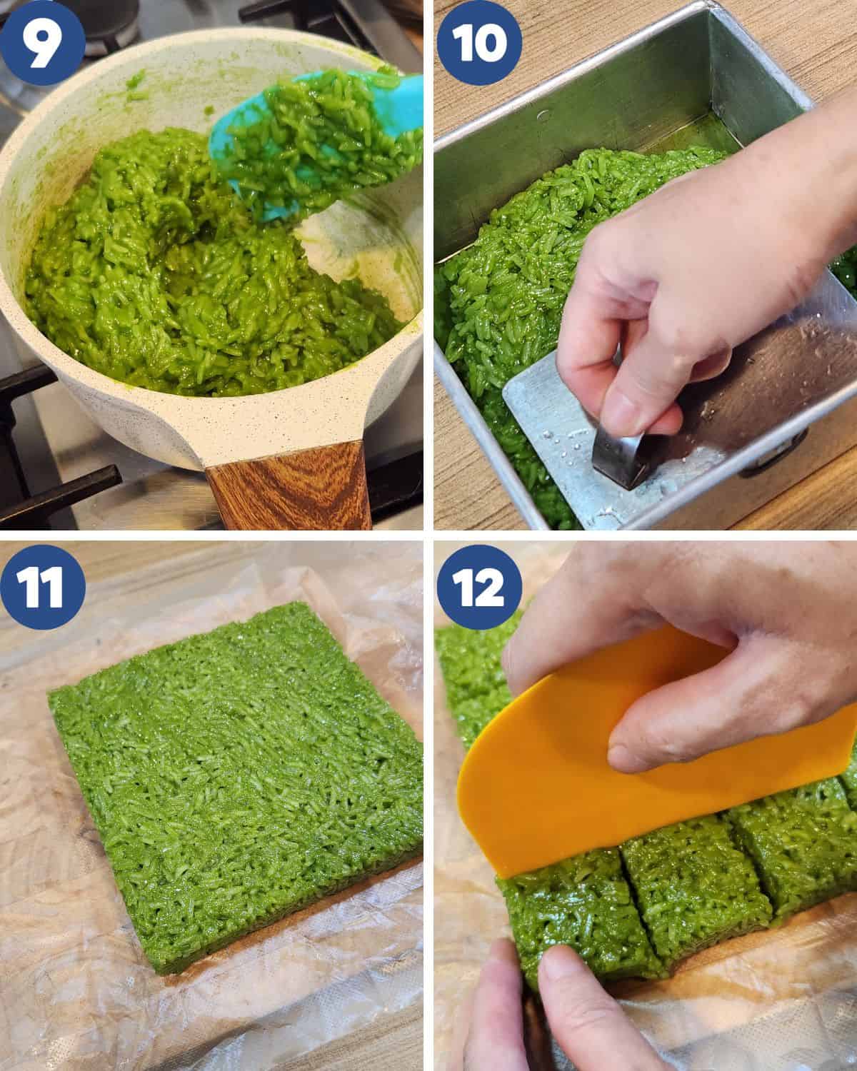 Step by step process photos of transferring the sticky rice into a baking pan and cutting it into pieces.