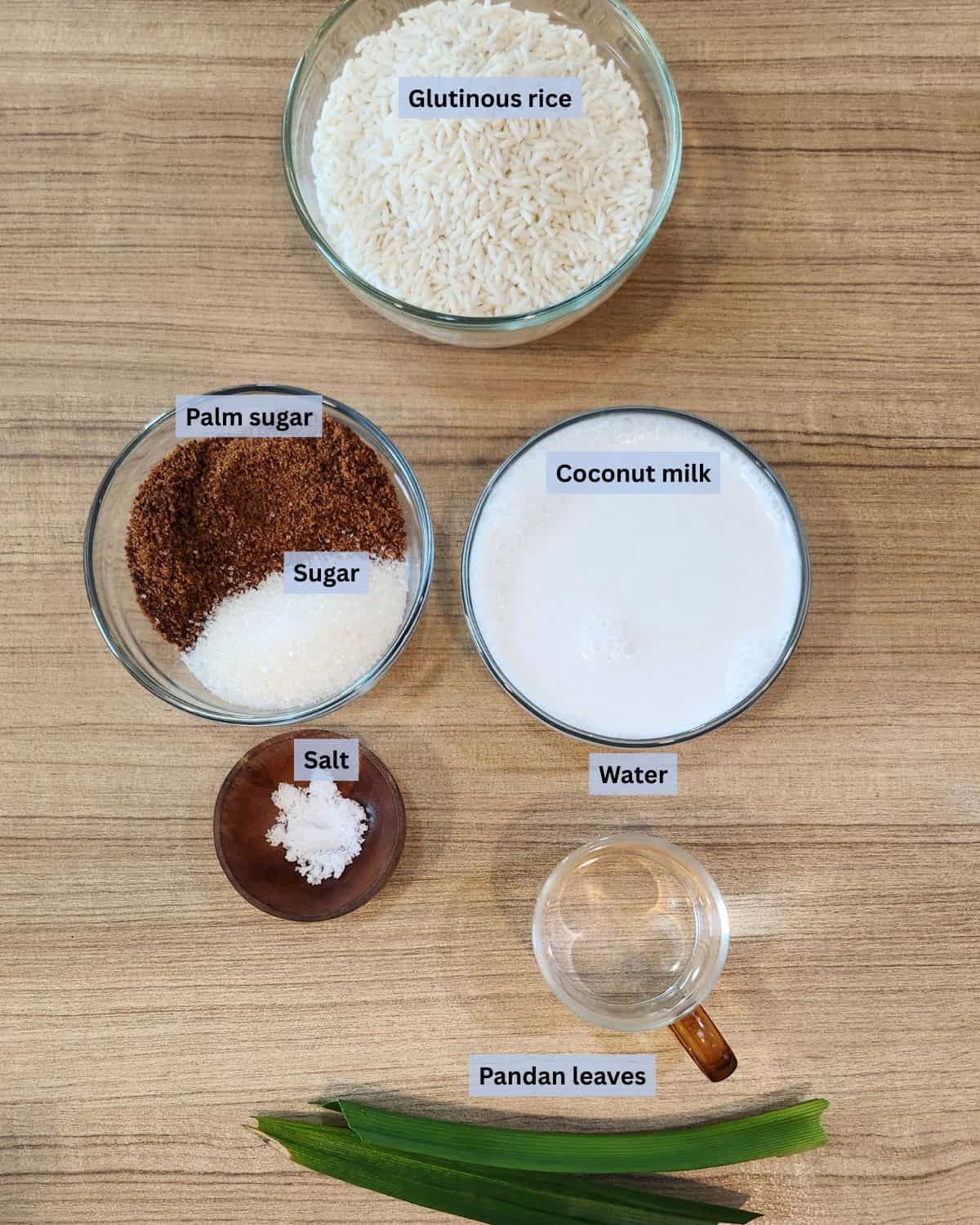 Palm sugar wajik ingredients with labels.