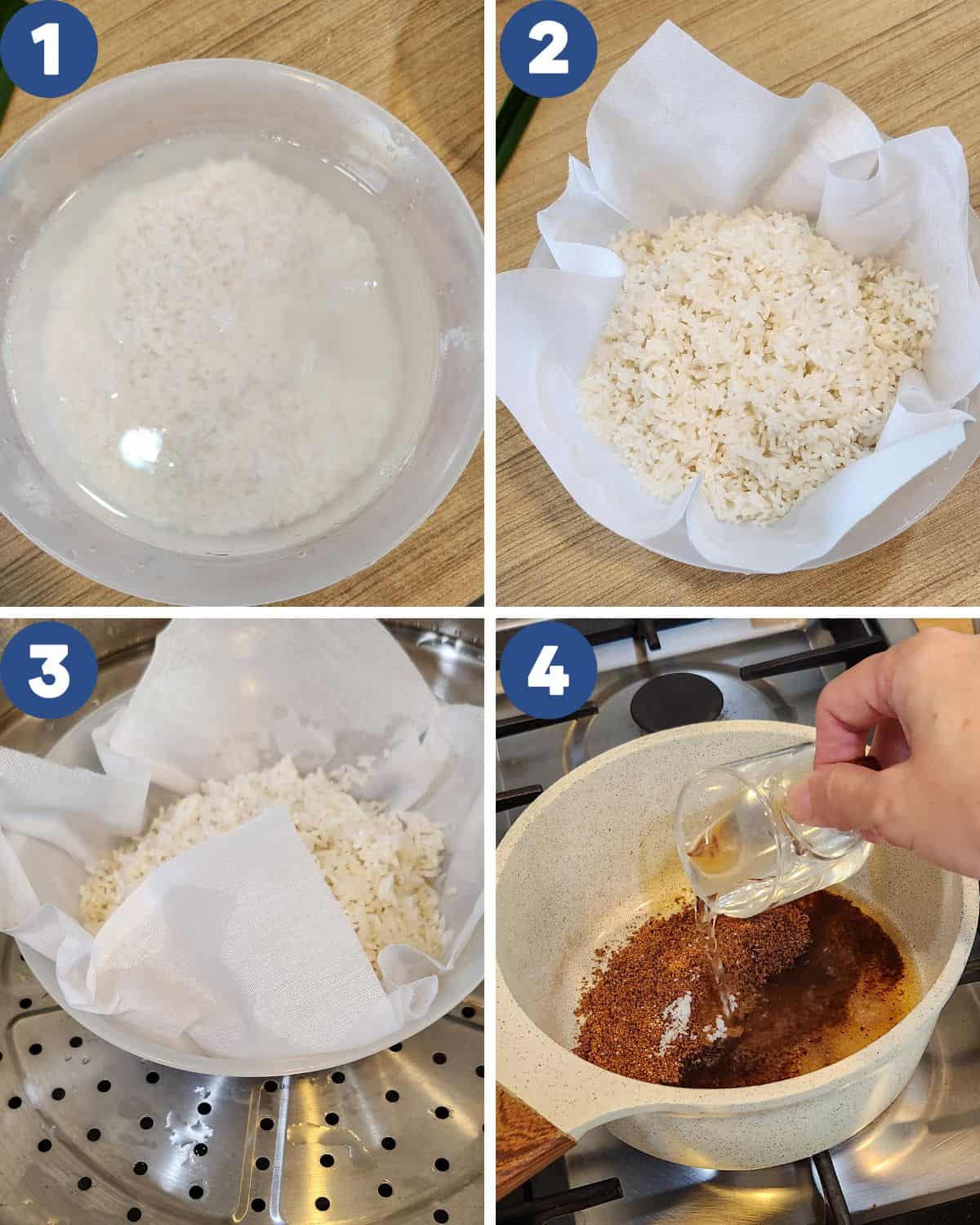 Step by step process photos of preparing the glutinous rice.