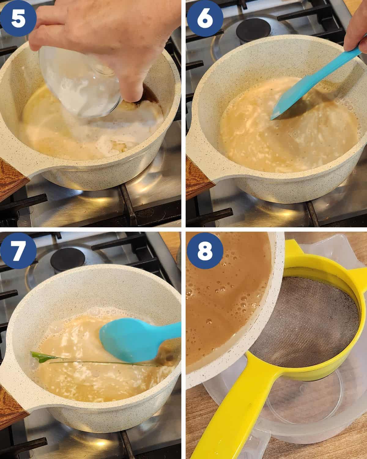 Step by step process photos of cooking the coconut sugar.