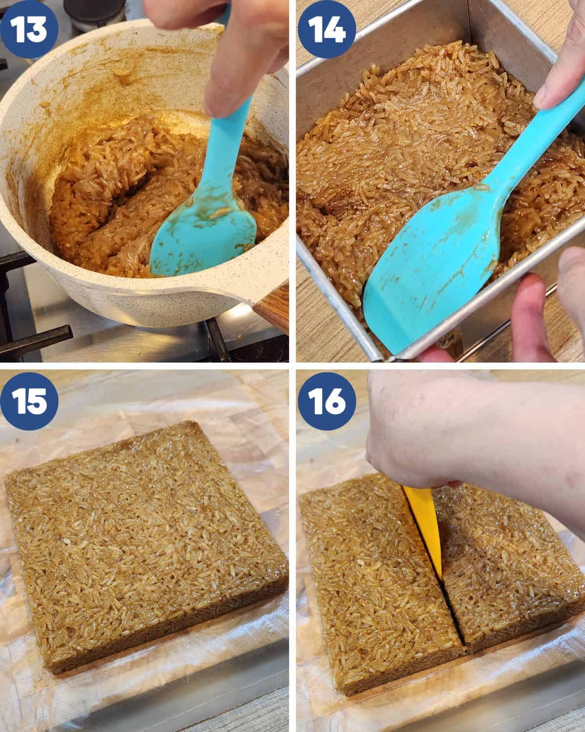 Step by step process photos of shaping the wajik in a baking pan and cutting it into pieces.