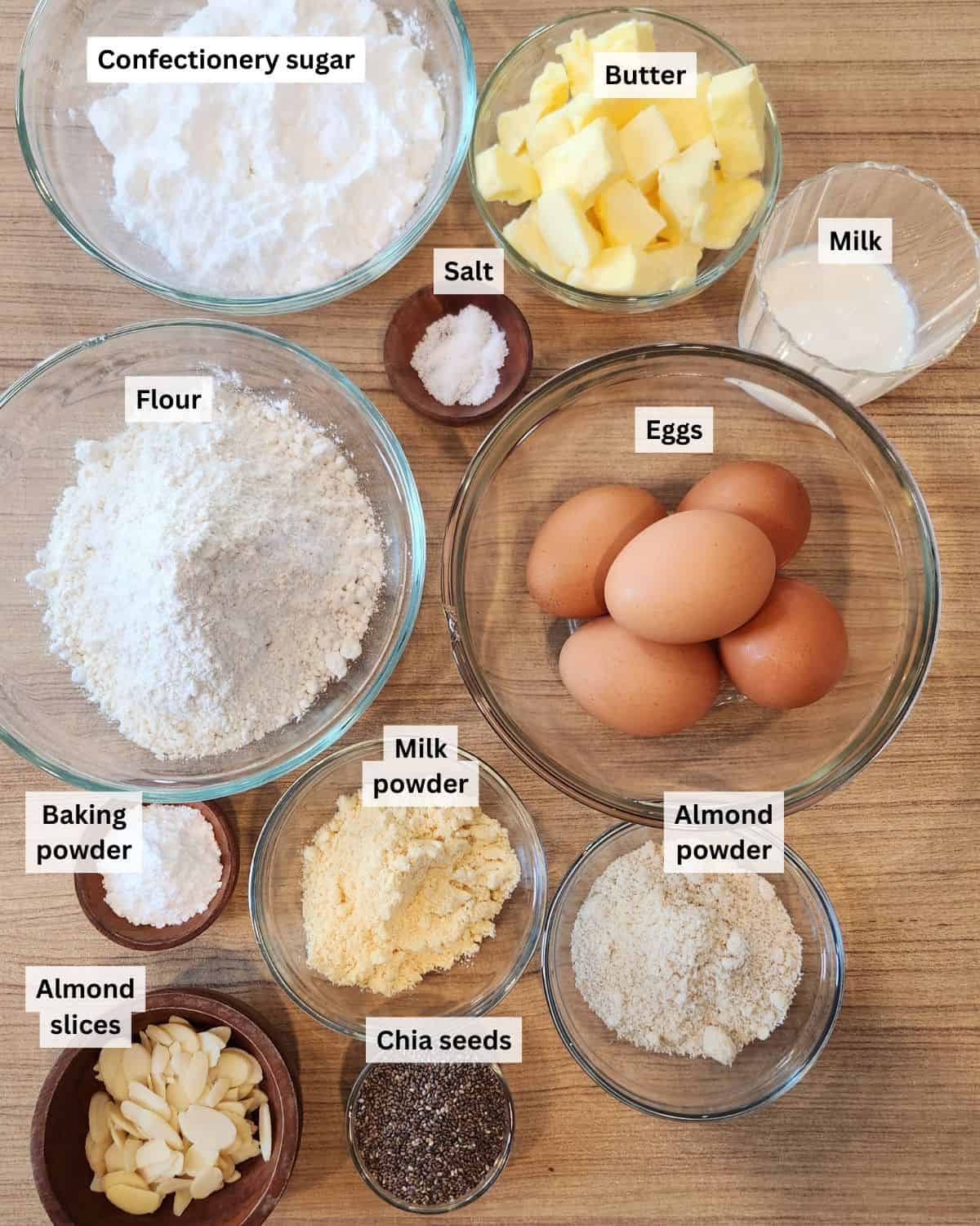 Almond butter cake ingredients with labels.
