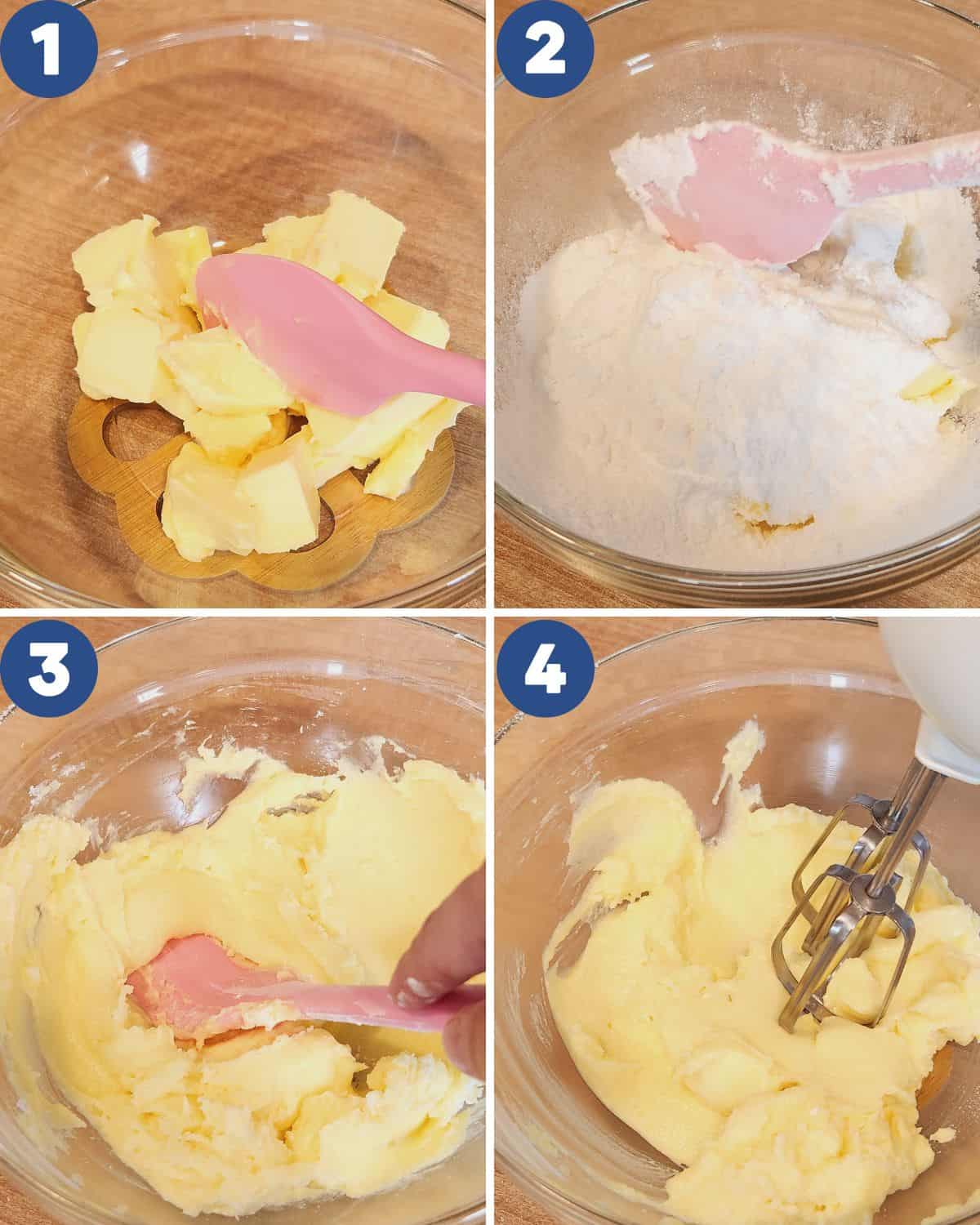 Step by step process photos of mixing the butter and sugar until pale.