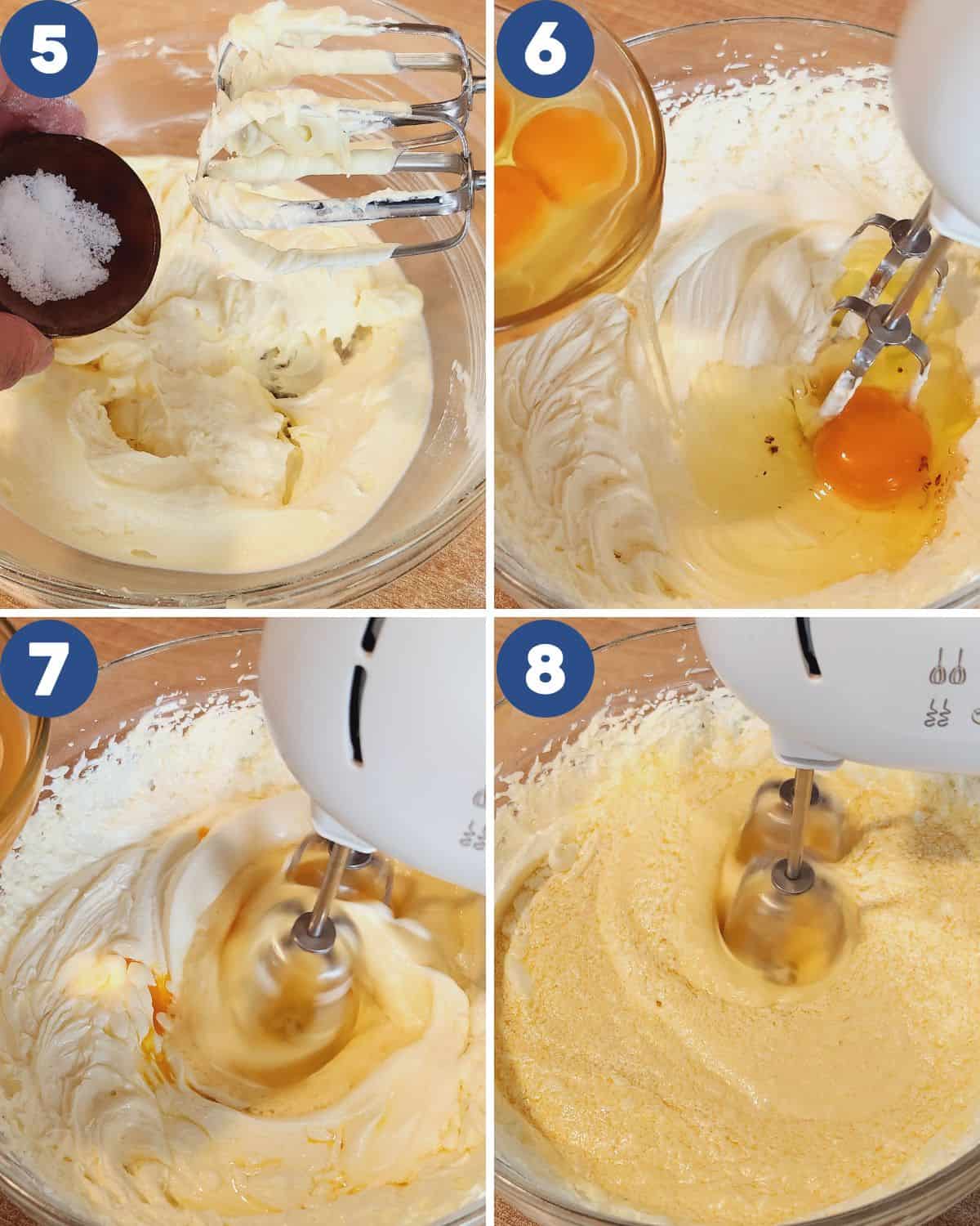 Step by step process photos of mixing eggs and other ingredients.