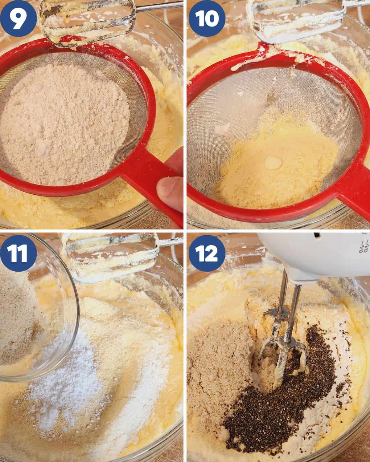 Step by step process photos of mixing the flour, chia seeds, almond flour into the batter.