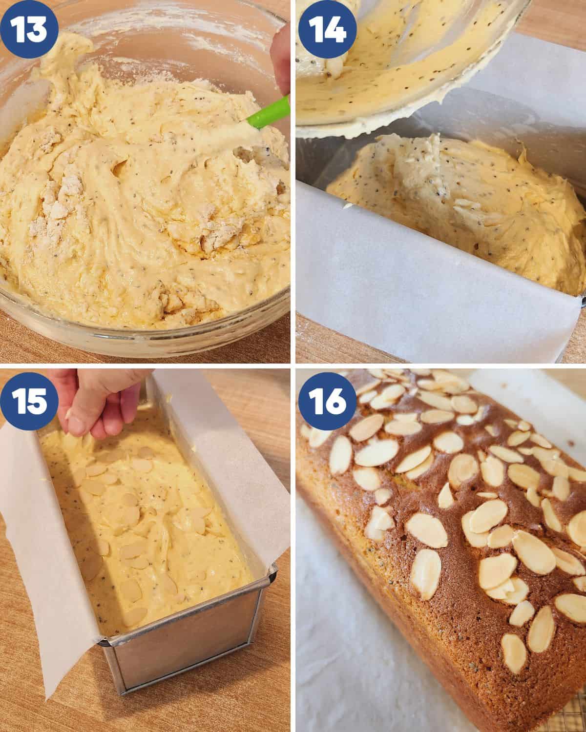 Step by step process photos of preparing the batter to bake.