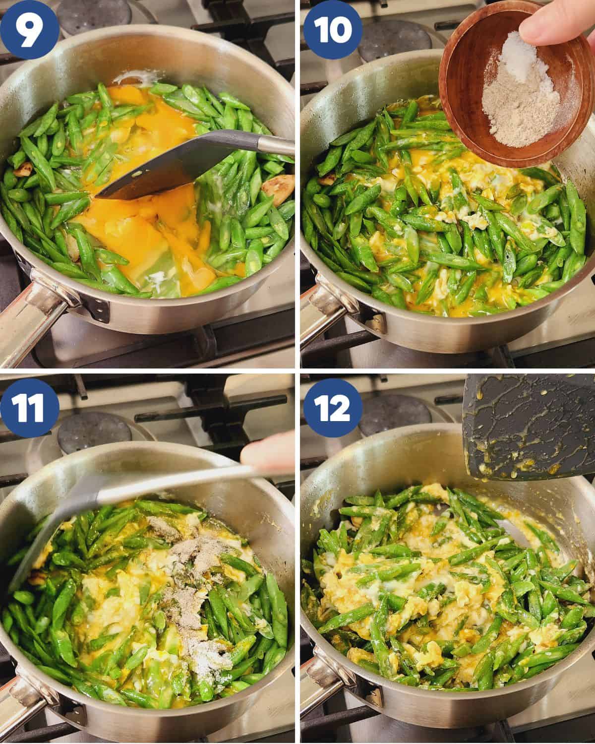 Photo collage of mixing the eggs and green beans.
