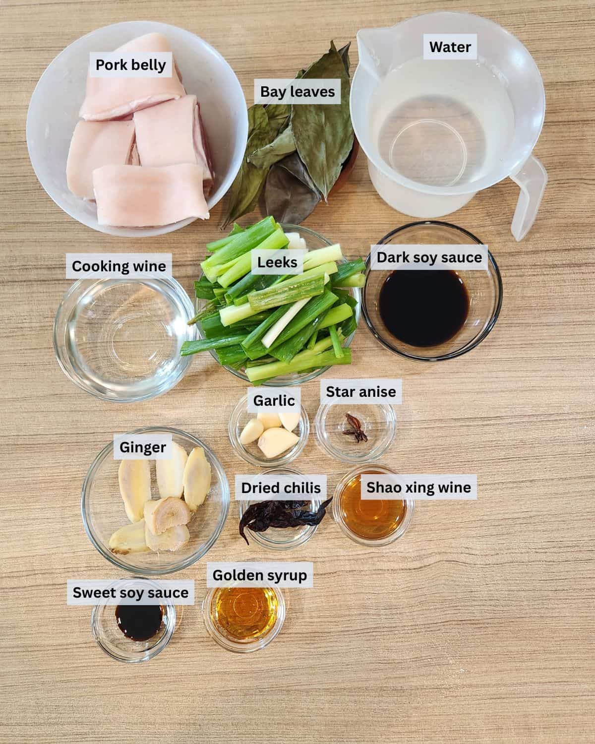 Dong Po Rou ingredients with labels.