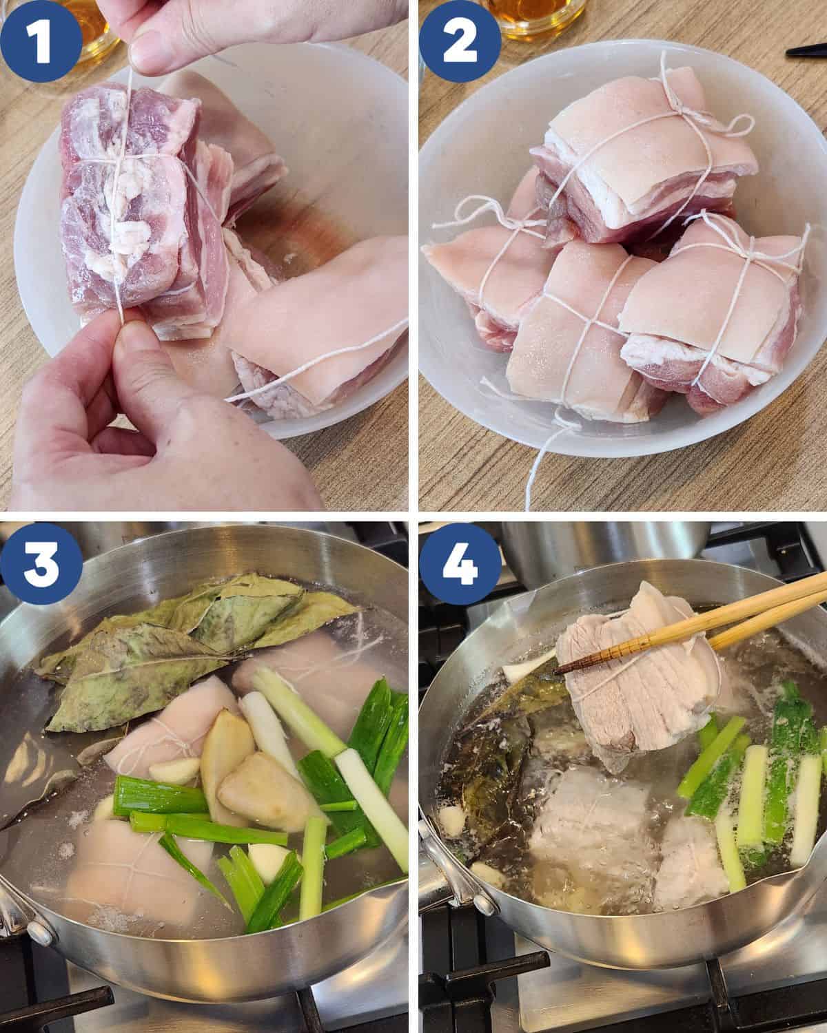 Step by step process photos of preparing the pork belly before braising.
