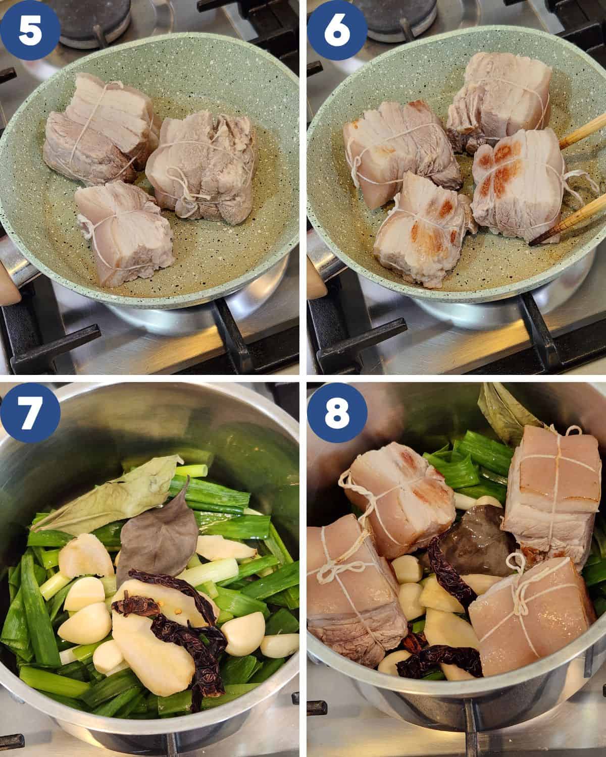 Step by step process photos of roasting the pork belly on a pan.
