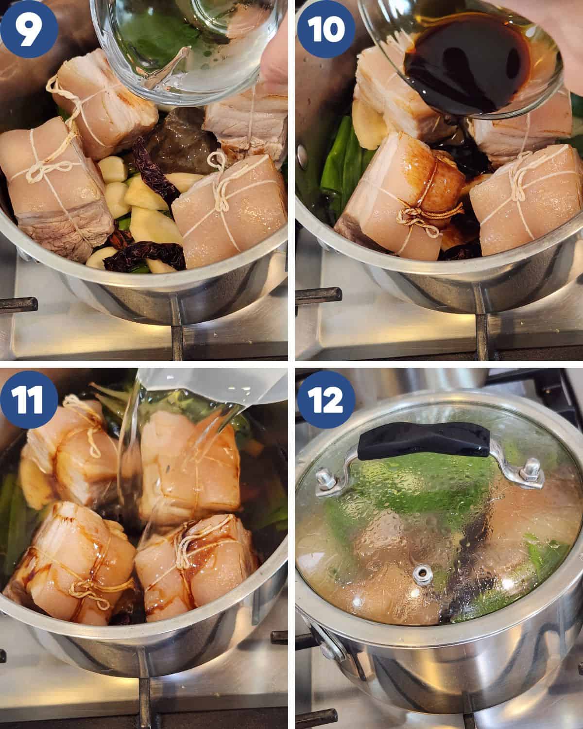 Step by step process photos of braising the pork belly in a pot.