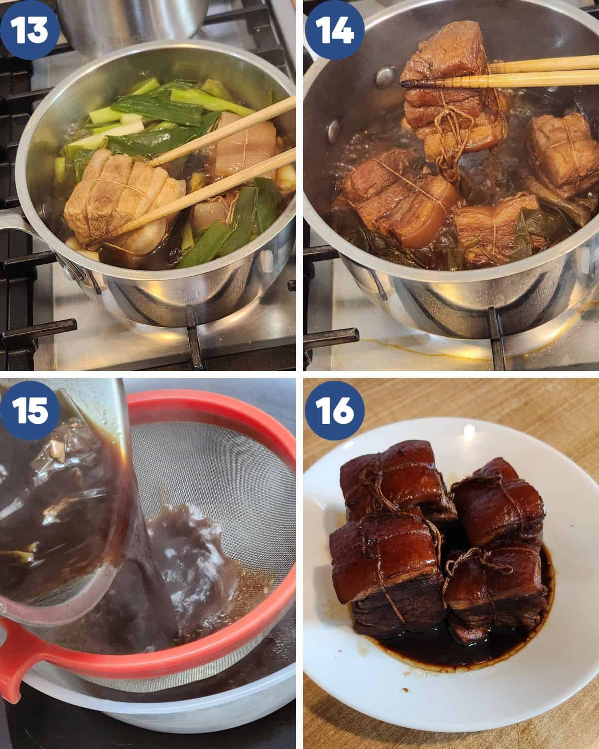 Step by step process photos of slow cooking the pork belly.