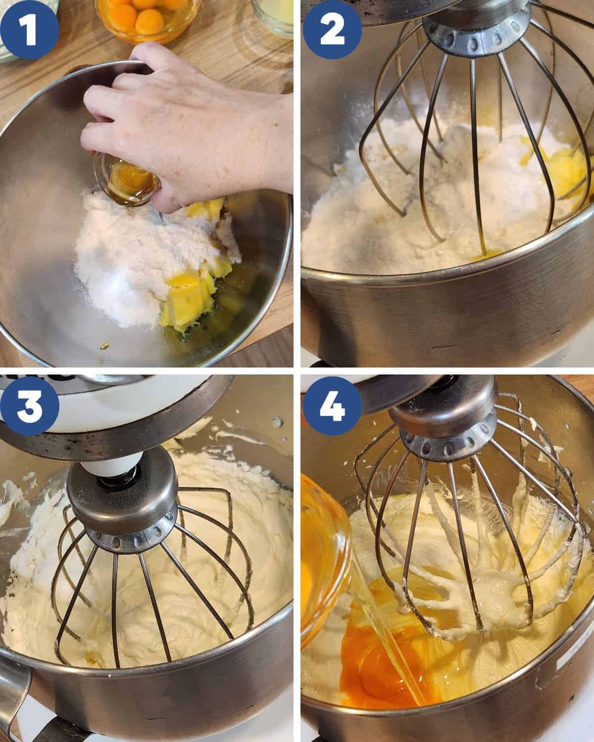 Step by step process photos of mixing the butter, sugar, and eggs until pale and light.