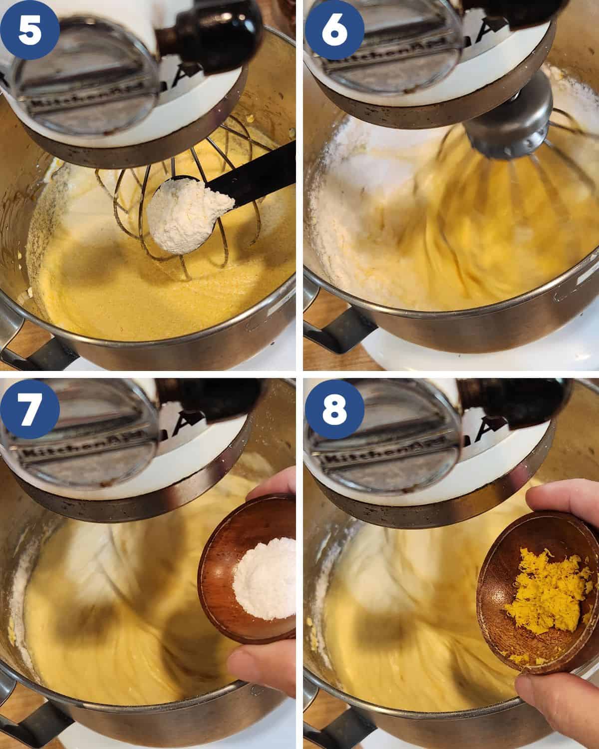 Step by step process photos of mixing the flour and other ingredients into the batter.