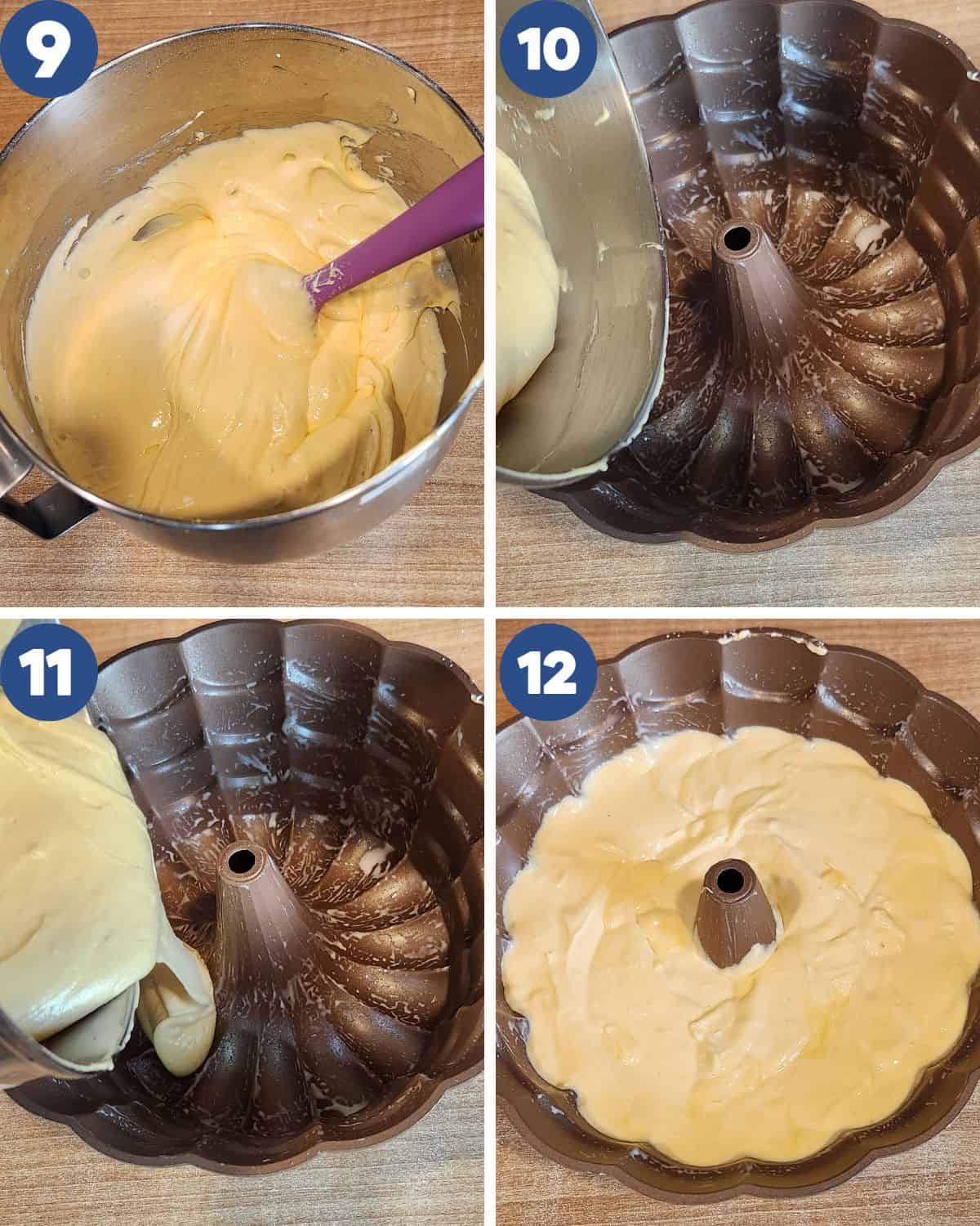 Step by step process photos of preparing to bake the cake. 