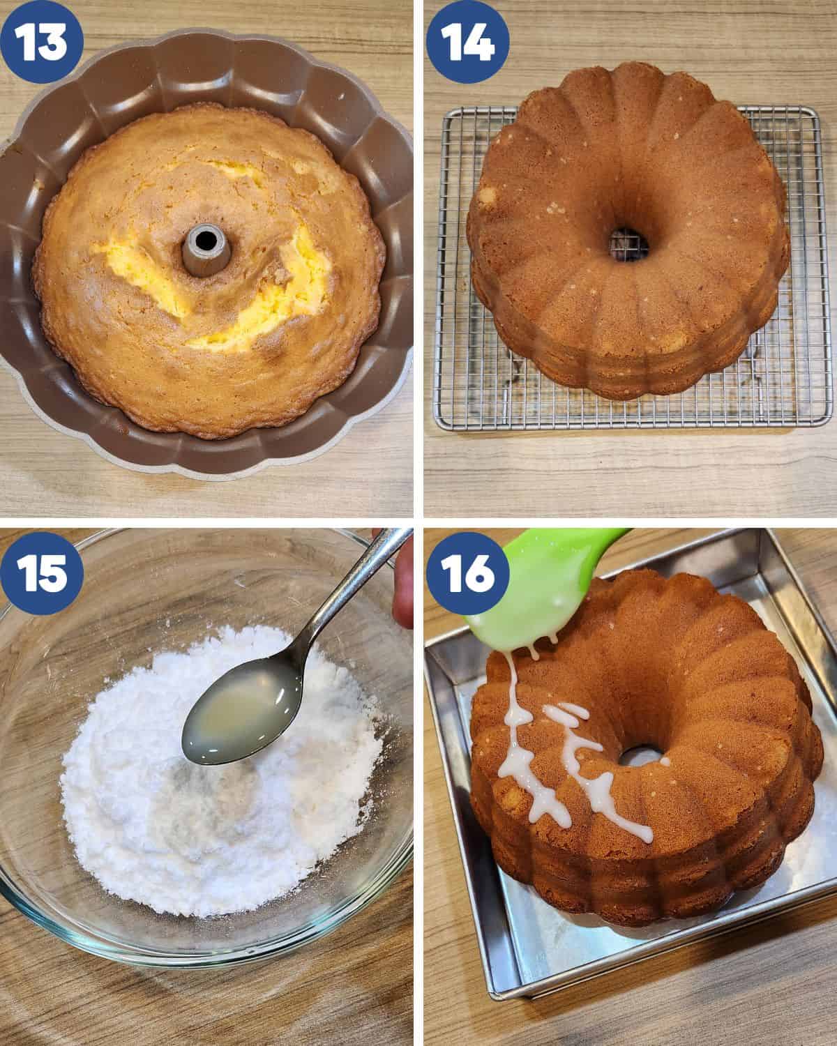 Step by step process photos of pouring the lemon glaze on the baked cake.