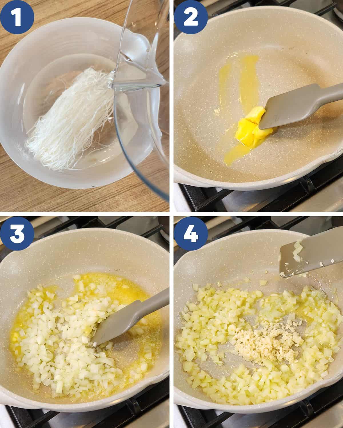 Step by step proces photos of preparing the glass noodles and filling.