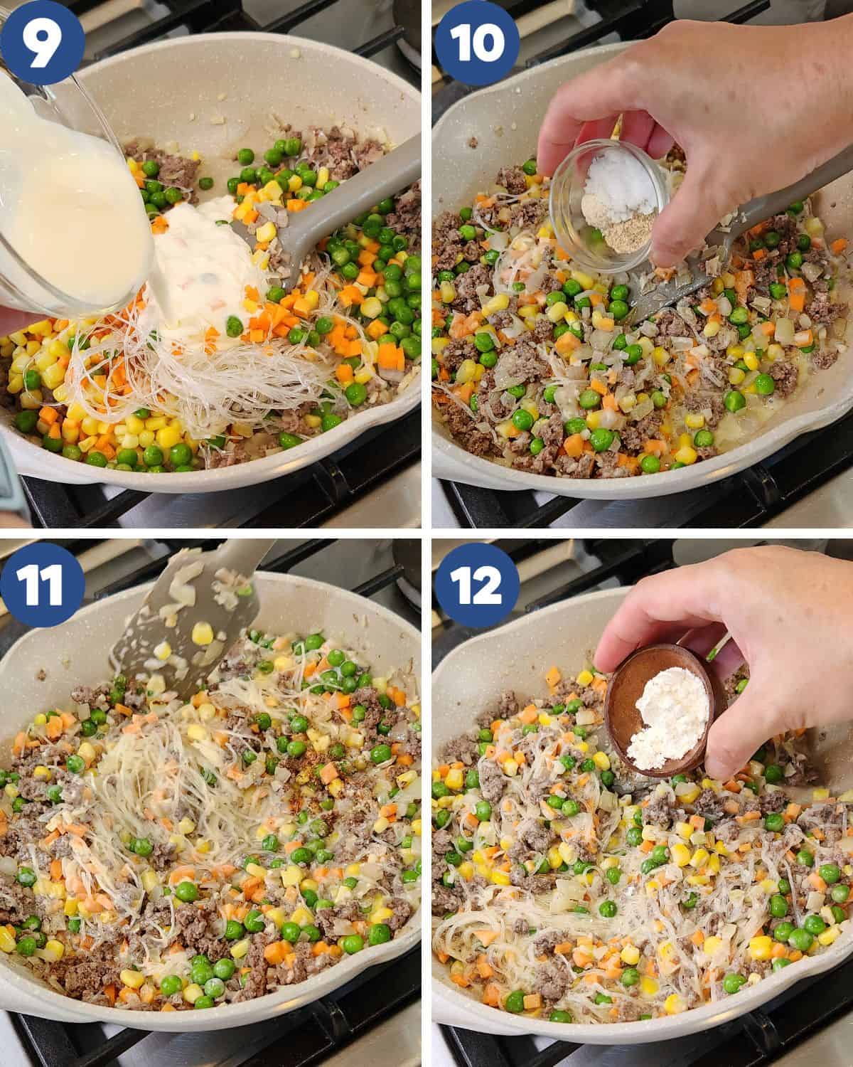 Step by step process photos of seasoning the filling and adding cream.