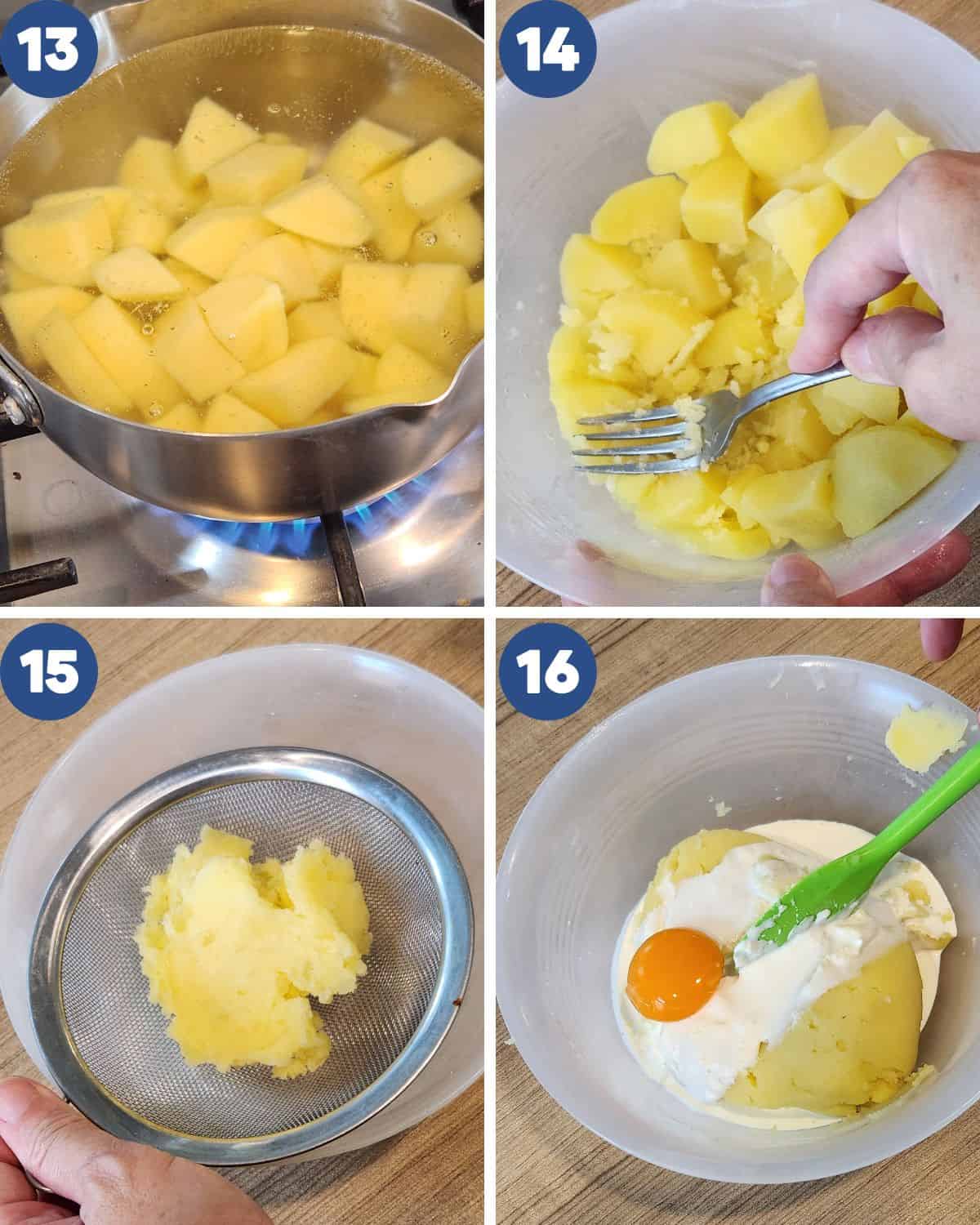 Step by step process photos of preparing the mashed potatoes.