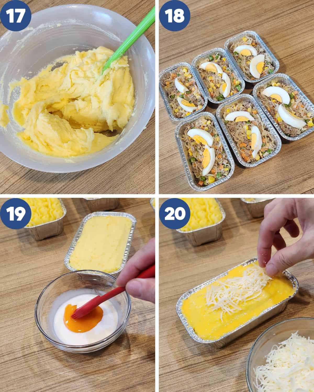 Step by step process photos of assembling the mashed potatoes and filling.