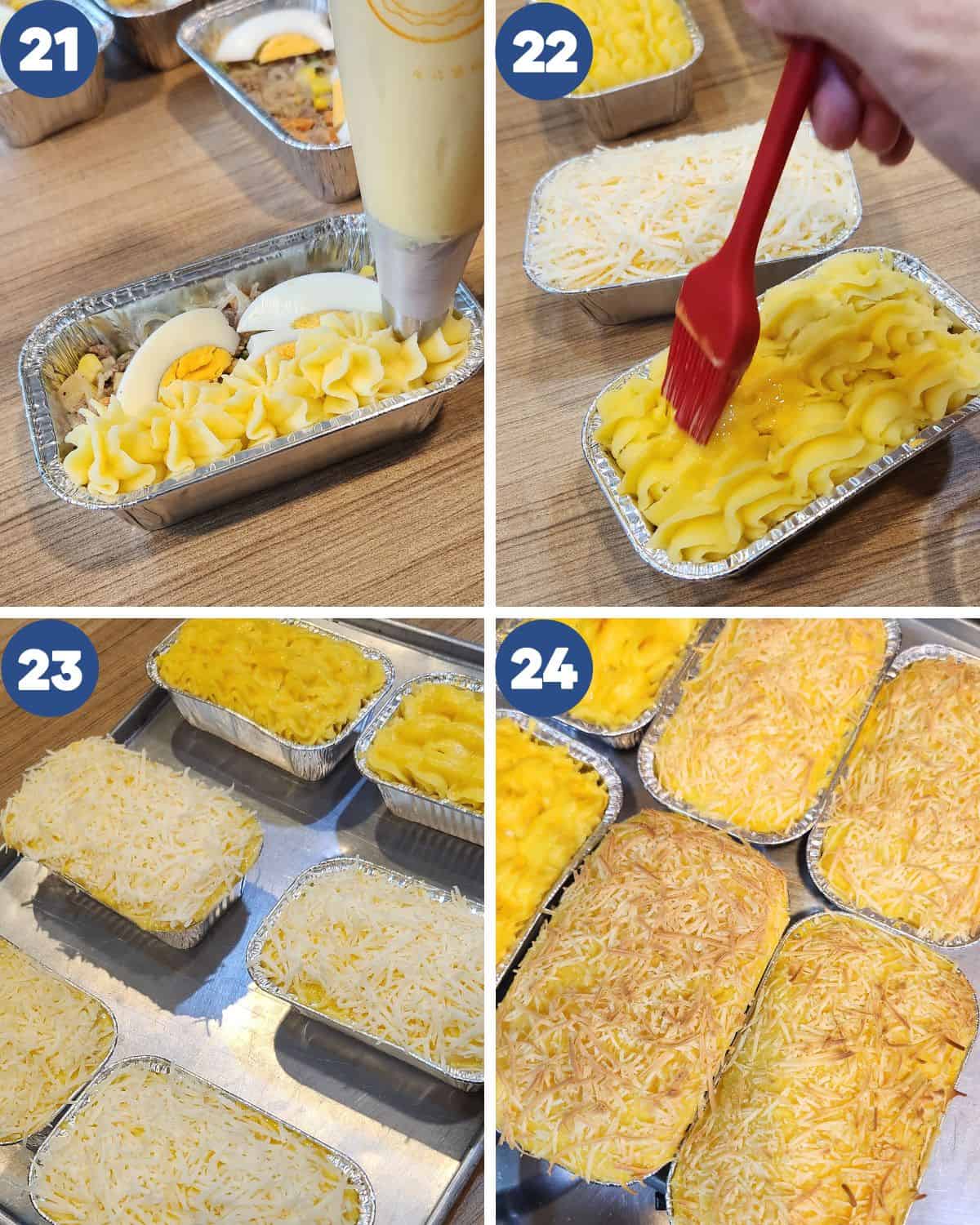 Step by step process photos of decorating and baking the pastel tutup.