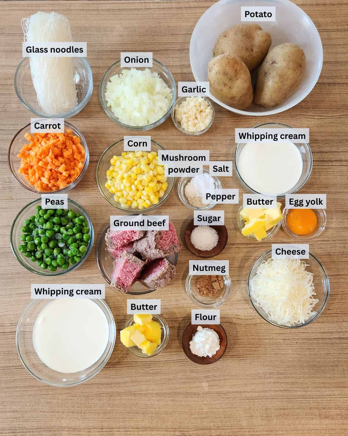Pastel tutup ingredients with labels.