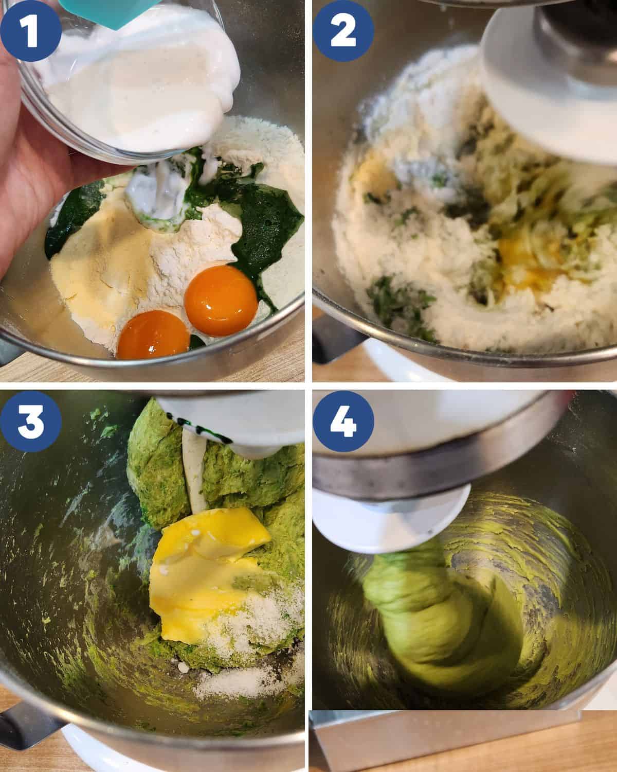 Step by step process photos of mixing the ingredients for roti sisir pandan dough.