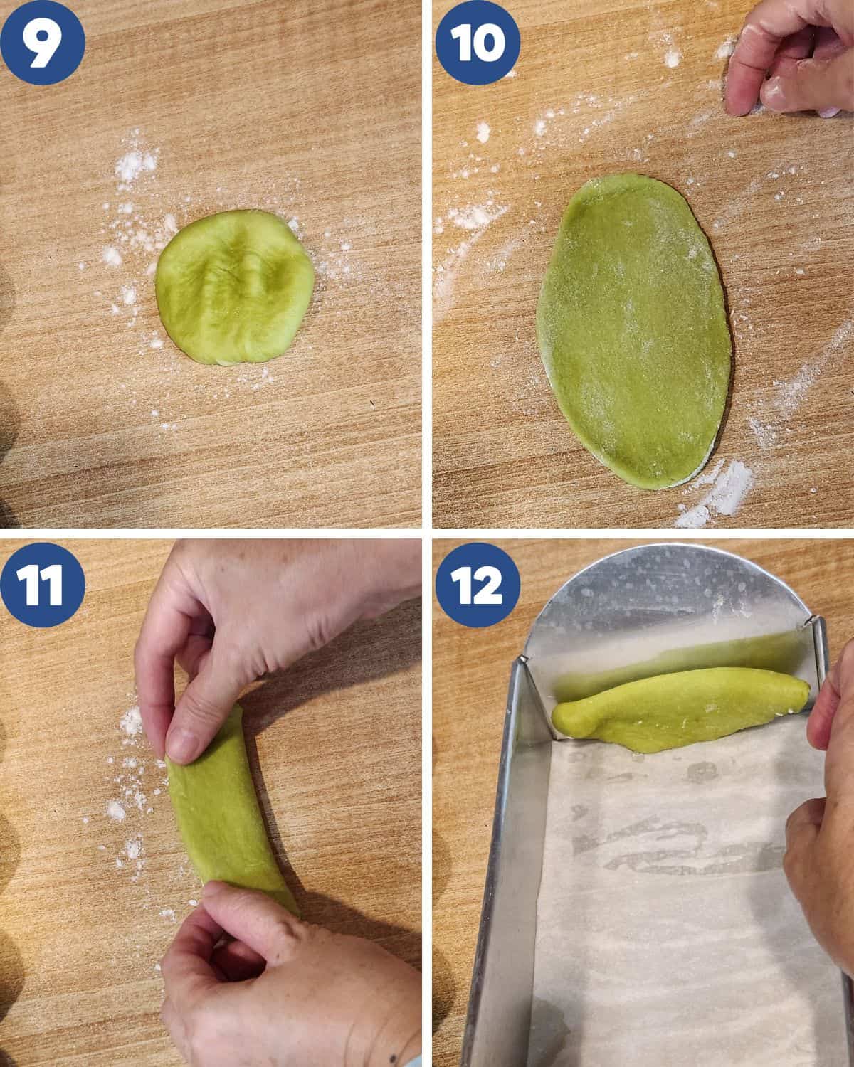 Step by step process photos of shaping the dough and assembling a comb in a baking pan.